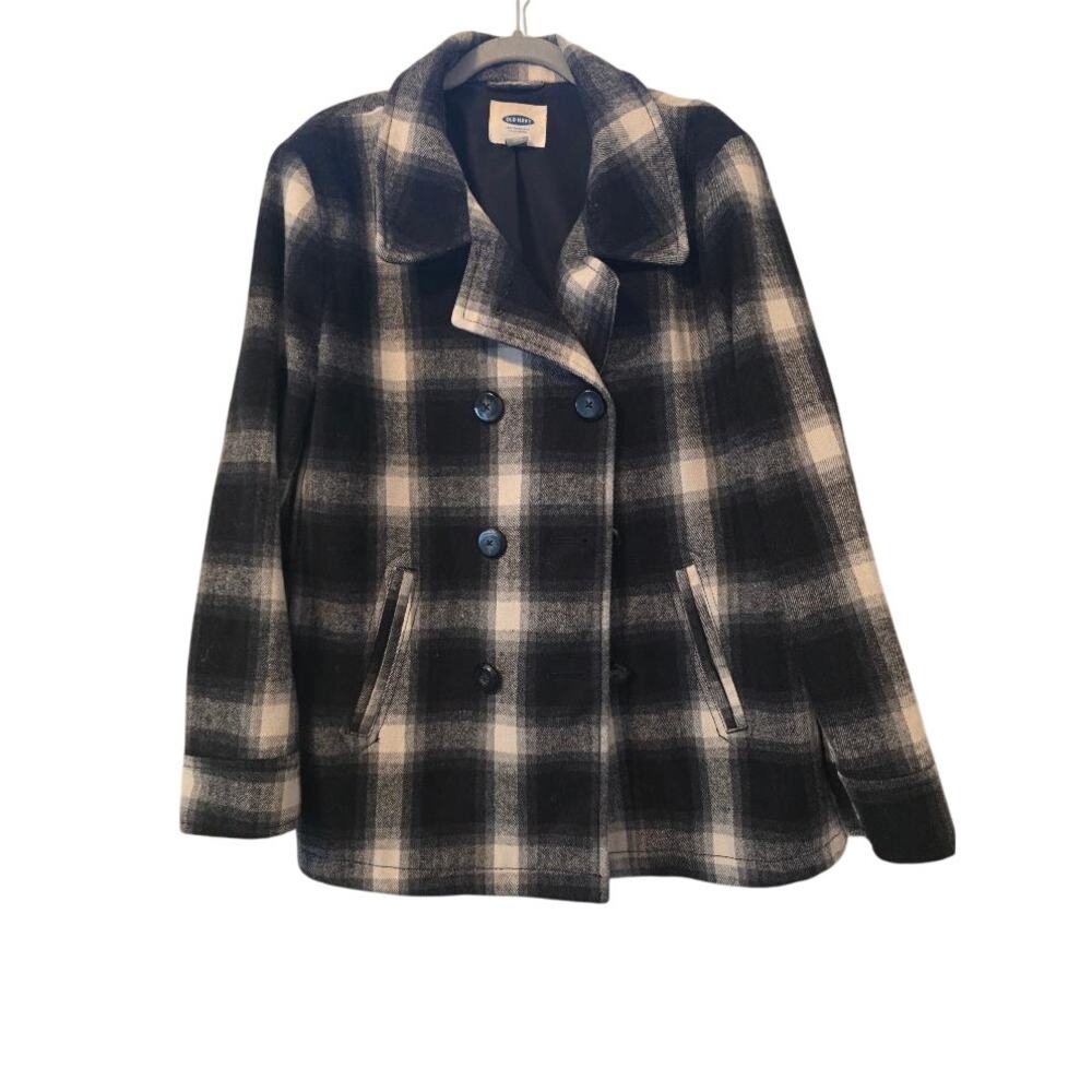 Old Navy Womens XL Black White Plaid Wool Blend Peacoat Jacket Coat Cottagecore